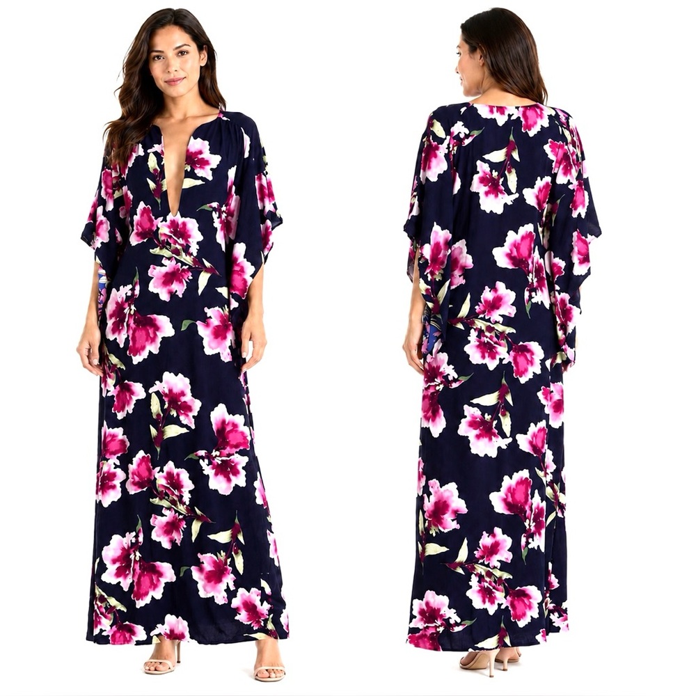 Meghan LA Tropical Floral Maxi Dress Medium Reversible Kimono Sleeve Resort Wear